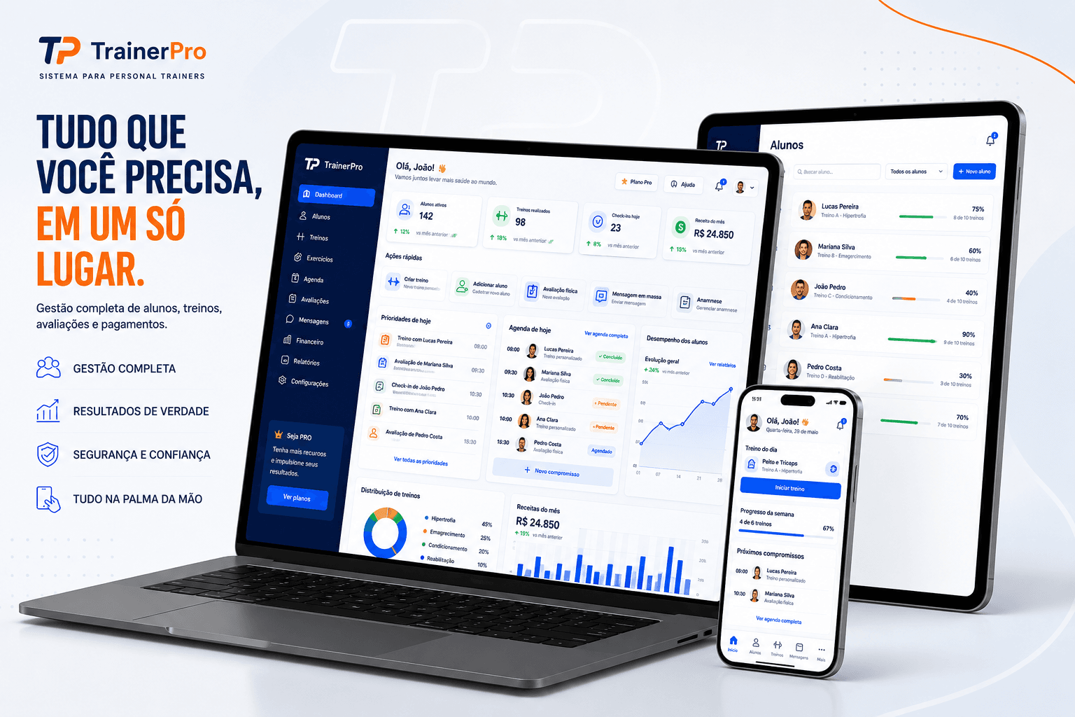 TrainerPro — dashboard completo para personal trainers, em laptop, tablet e celular